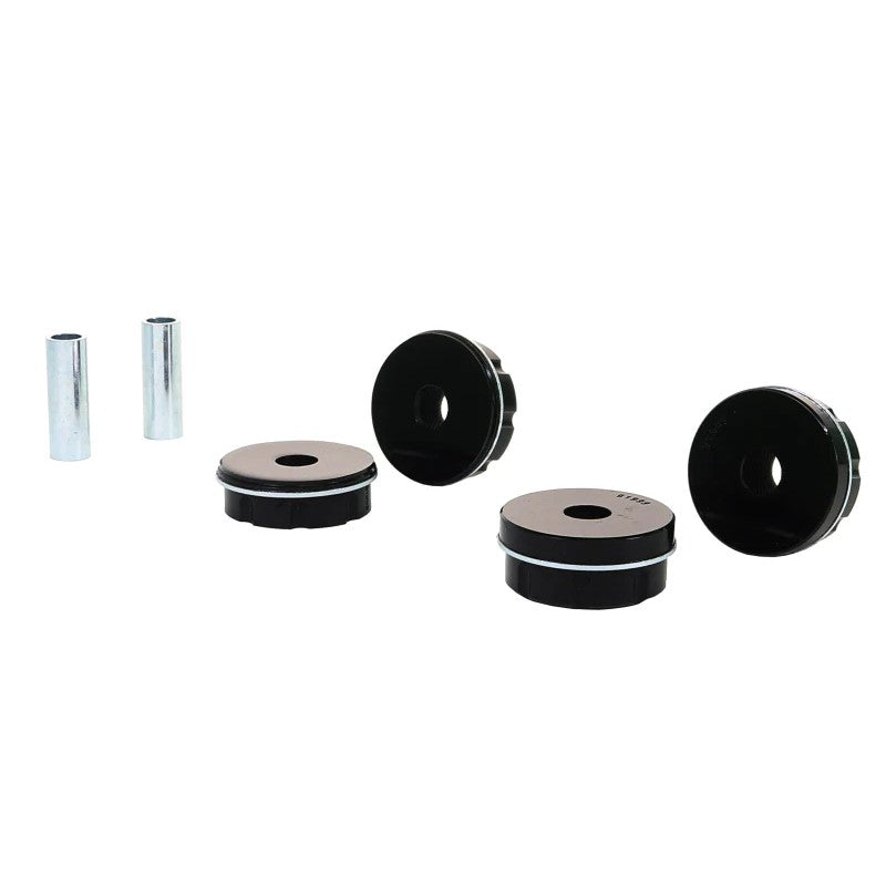 Four yellow Whiteline polyurethane rear differential mount front bushings with metal sleeves and grease tubes.