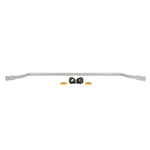 Silver powder-coated Whiteline 24mm adjustable front sway bar with black synthetic elastomer bushings and lateral locks