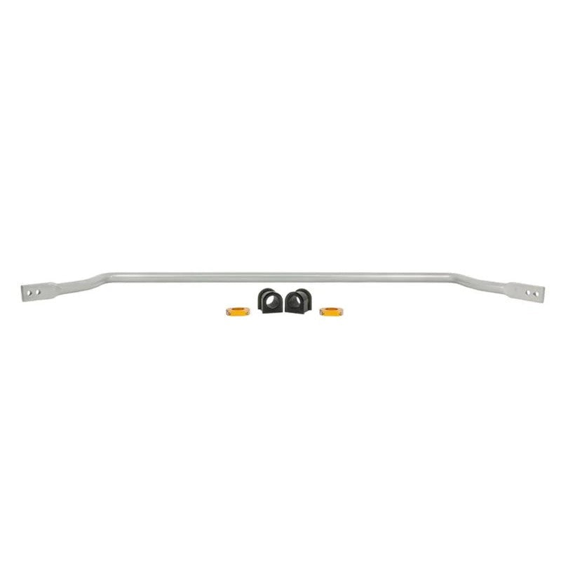 Silver powder-coated Whiteline 24mm adjustable front sway bar with black synthetic elastomer bushings and lateral locks