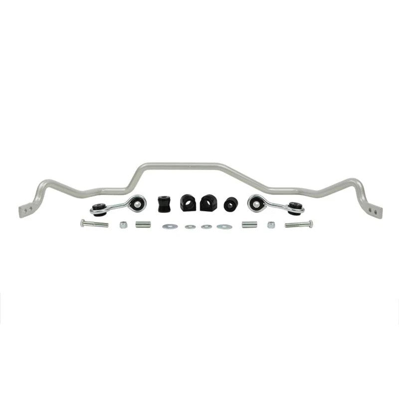 Whiteline BBR11Z 20mm adjustable rear sway bar for BMW E46 featuring yellow bushings and silver protective plating.