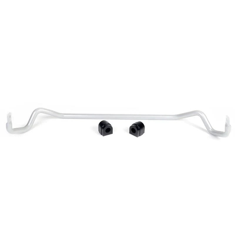 Whiteline BBF43 27mm fixed front sway bar with silver powder coating, elastomer bushings, and lateral locks.