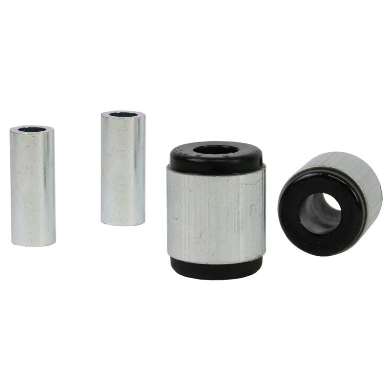 Whiteline Plus synthetic elastomer rear lower outer control arm bushings with metal sleeves and grease for Mitsubishi Evo.