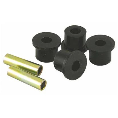Whiteline Plus W71506 black synthetic elastomer rear spring eye front bushings with plated metal sleeves and grease packet.
