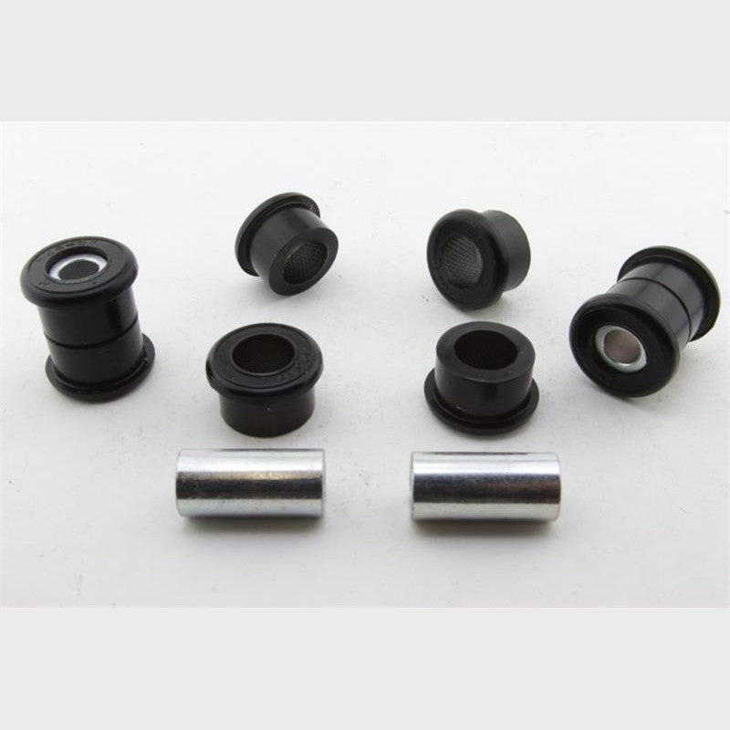 Whiteline Plus synthetic elastomer rear radius arm upper inner and outer bushings with included grease and plating.