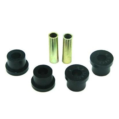 Whiteline Plus W51280 front lower inner control arm bushing made of black synthetic elastomer with a plated metal sleeve.
