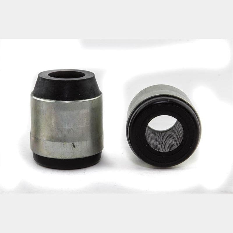 Whiteline Plus W53337 front upper inner control arm bushing kit featuring synthetic elastomer bushings and grease packets.