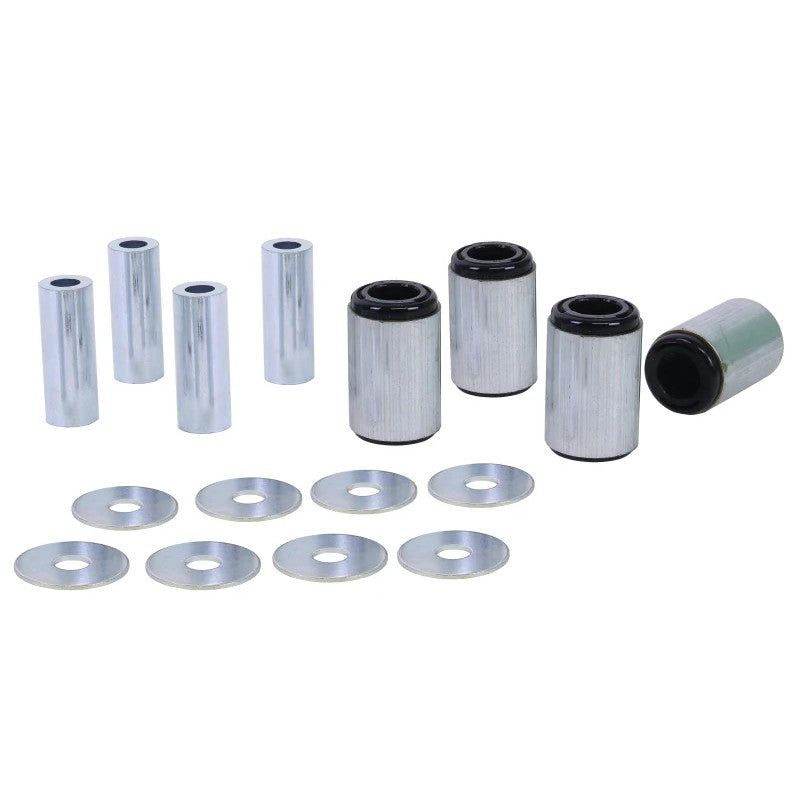 Whiteline Plus synthetic elastomer front lower inner control arm bushings with metal sleeves and LM grease packet.