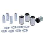 Whiteline Plus synthetic elastomer front lower inner control arm bushings with metal sleeves and LM grease packet.