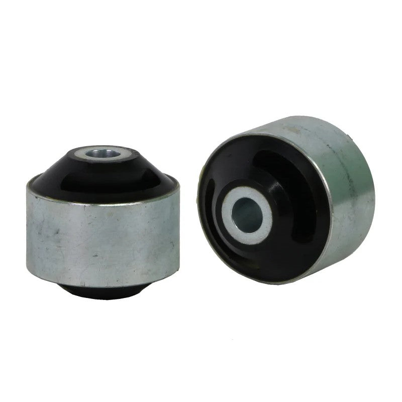 Whiteline W53493 synthetic elastomer front control arm lower inner rear bushings with protective metal plating.