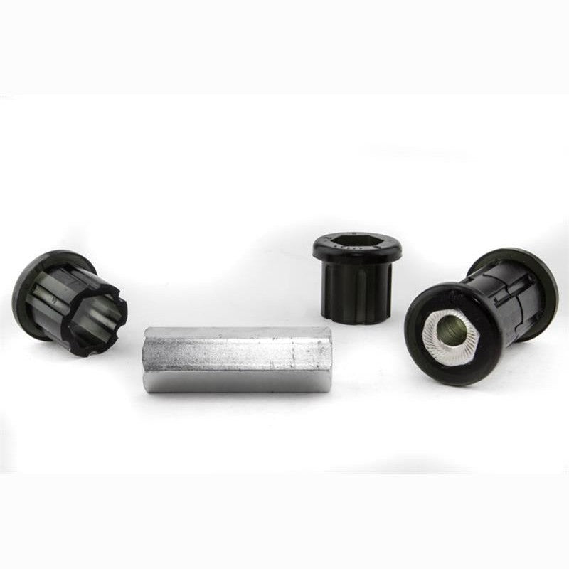 Whiteline Plus synthetic elastomer steering rack and pinion mount bushing with corrosion-resistant plating.