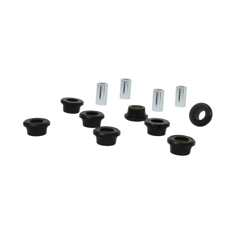 Whiteline Plus synthetic elastomer rear sway bar link bushings with protective metal plating and included grease packet.