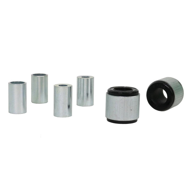 Whiteline Plus synthetic elastomer rear shock absorber lower bushings with metal sleeves and molybdenum disulphide grease.
