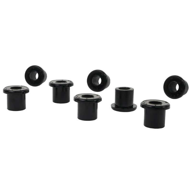 Black Whiteline Plus W71060 synthetic elastomer rear leaf spring and shackle bushings with molybdenum grease packet