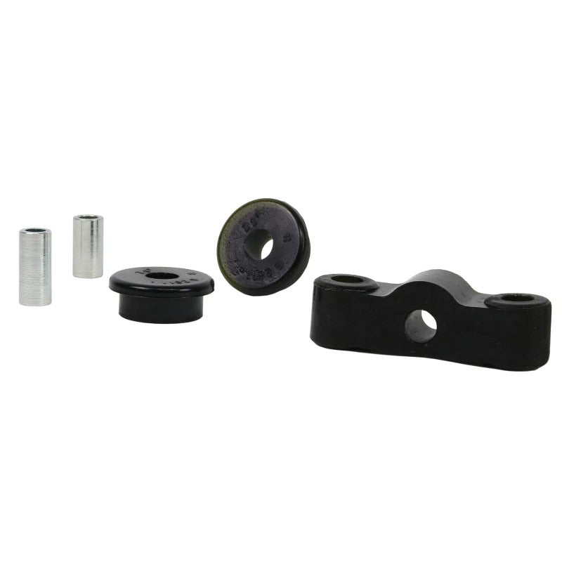 Whiteline Plus W92611 front transmission shifter stabilizer bushing with mounting hardware and lubricant.