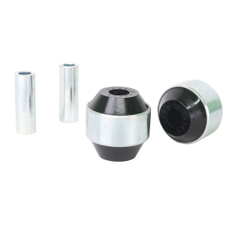 Whiteline Plus W63398 rear trailing arm lower front bushing with synthetic elastomer and protective metal plating.