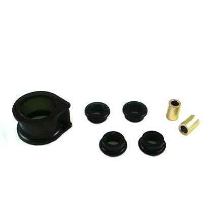 Whiteline Plus black synthetic elastomer steering rack bushings with metal mounting hardware