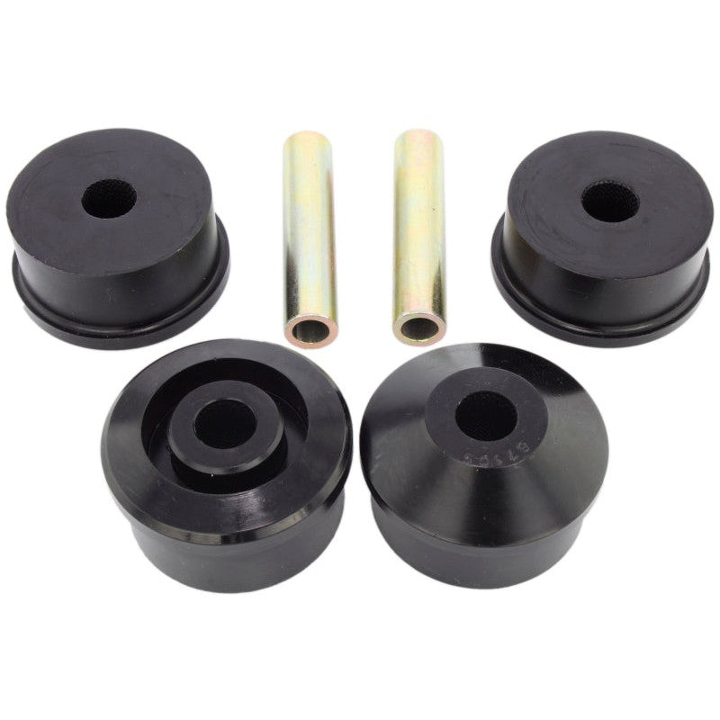 Whiteline Plus W63205 synthetic elastomer trailing arm bushings with installation hardware and moly grease.