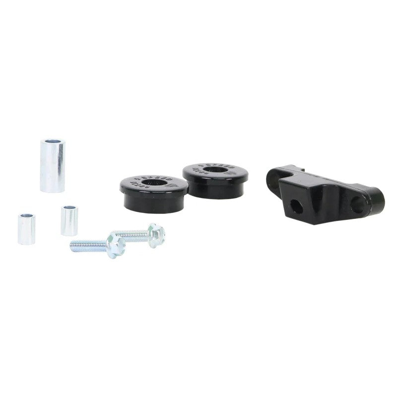 Whiteline KDT957 front gearbox linkage selector bushing kit featuring black synthetic elastomer and hardware.