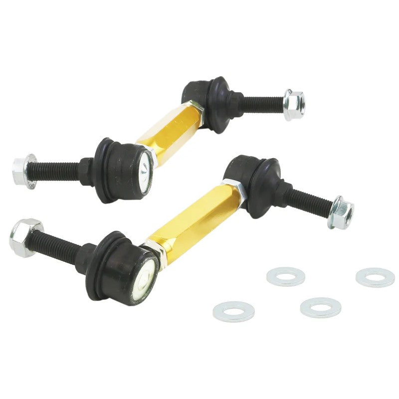 Whiteline heavy-duty adjustable sway bar end links with gold anodized alloy bodies and 10mm steel ball studs.