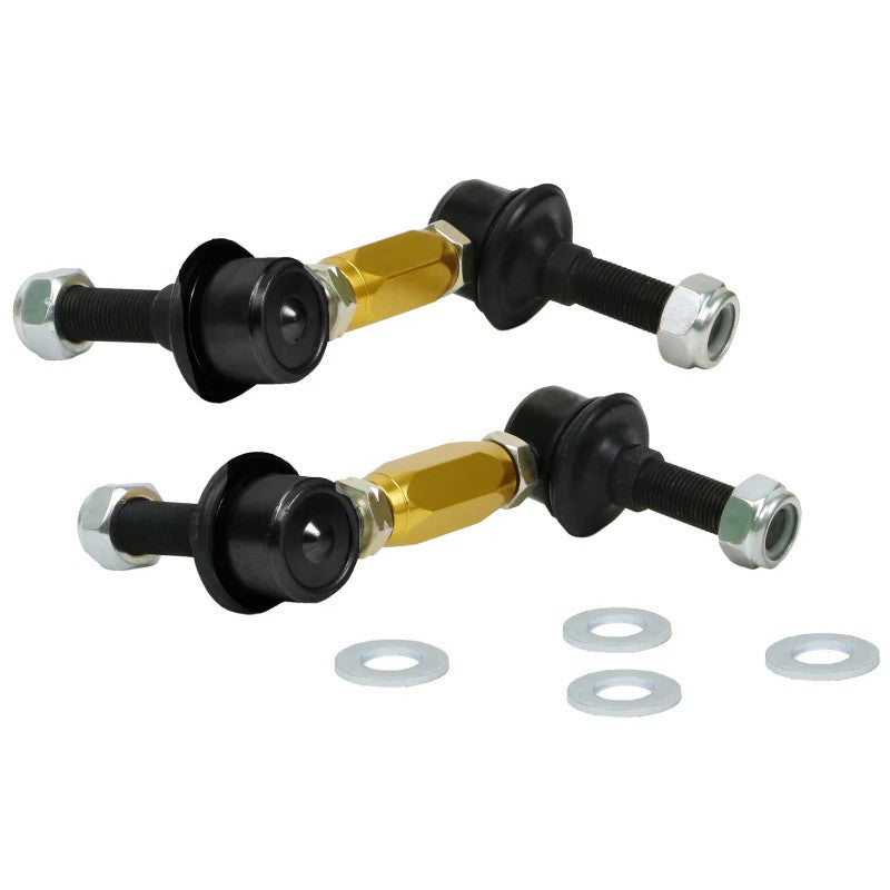 Whiteline adjustable sway bar link assembly with gold-plated steel ball joints and anodized alloy center links.