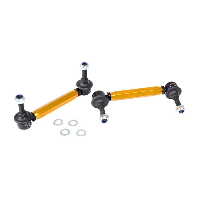 Pair of Whiteline KLC180-255 silver anodized adjustable sway bar links with steel ball joint ends.