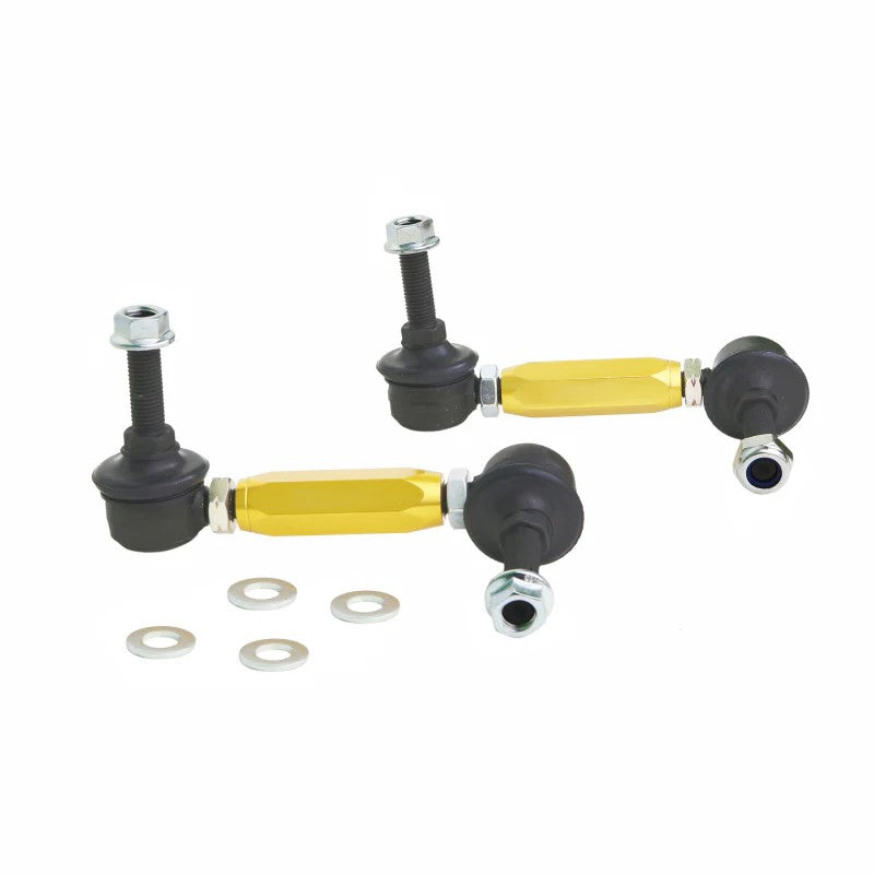 Whiteline heavy-duty adjustable sway bar links with 10mm ball studs and steel ball joints in a kit of two.