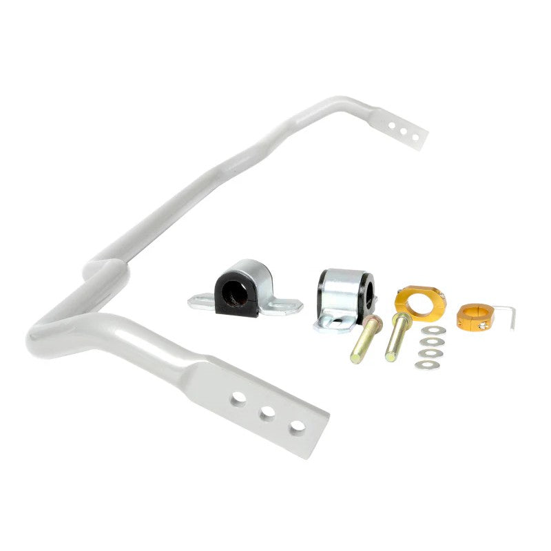 Whiteline 24mm adjustable X-Heavy Duty rear sway bar with silver finish, lateral locks, and yellow elastomer bushings.