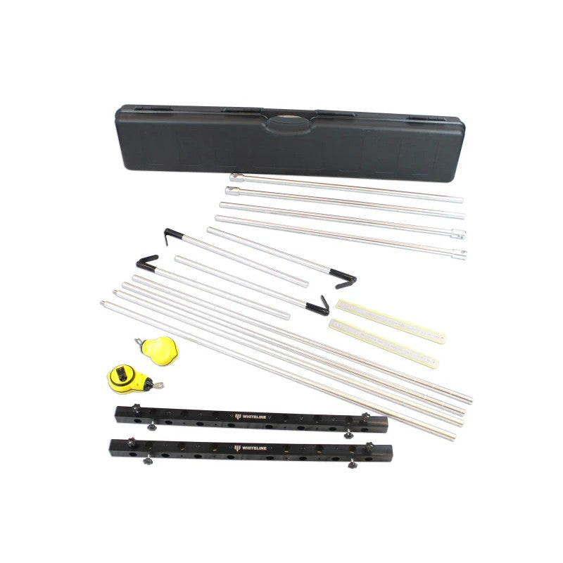 Whiteline WTK004 wheel string alignment kit featuring metal frames, retractable lines, and rulers in a protective case