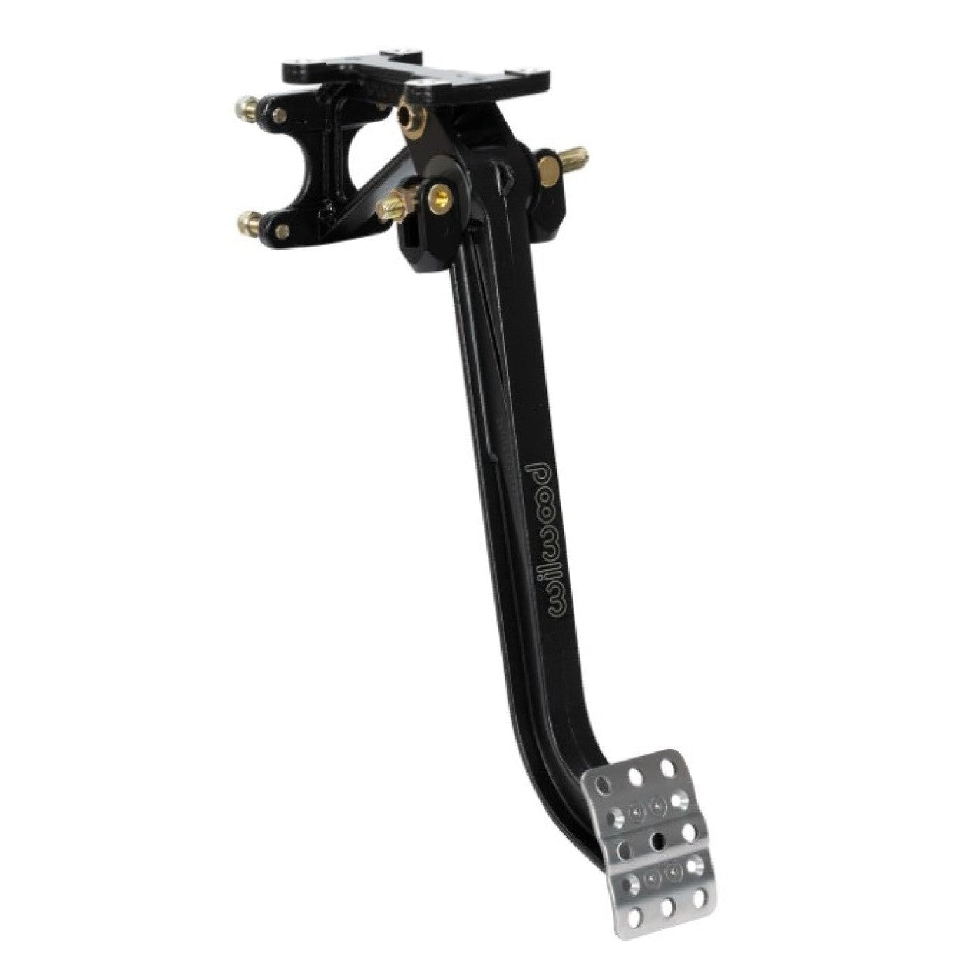 Black Wilwood swing-mount brake pedal assembly with 10:1 ratio and dual master cylinder mounting points.