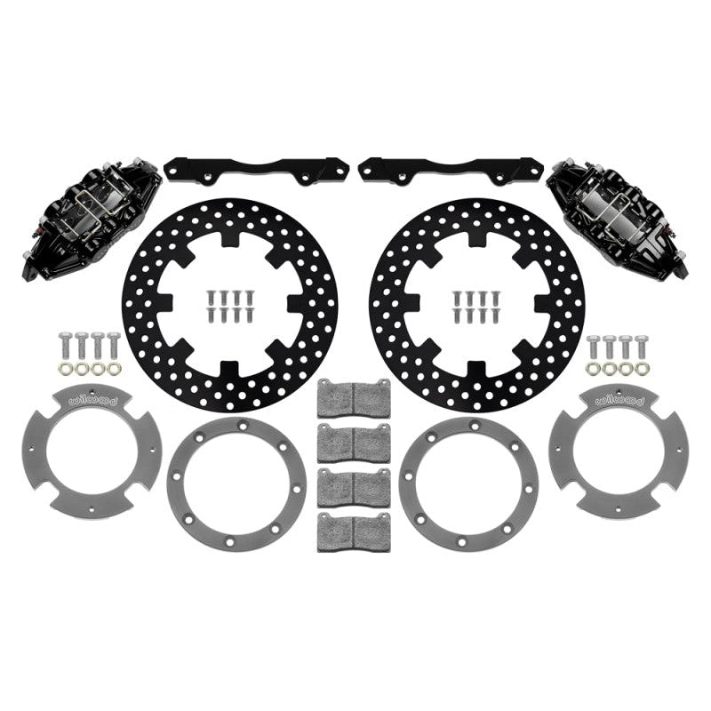 Wilwood 6-piston front brake calipers in black with 11.25-inch drilled rotors for Can-Am Maverick X3RS