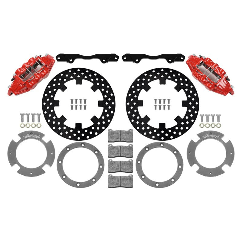 Red Wilwood 6-piston brake calipers and 11.25-inch cross-drilled rotors for Can-Am Maverick X3 RS
