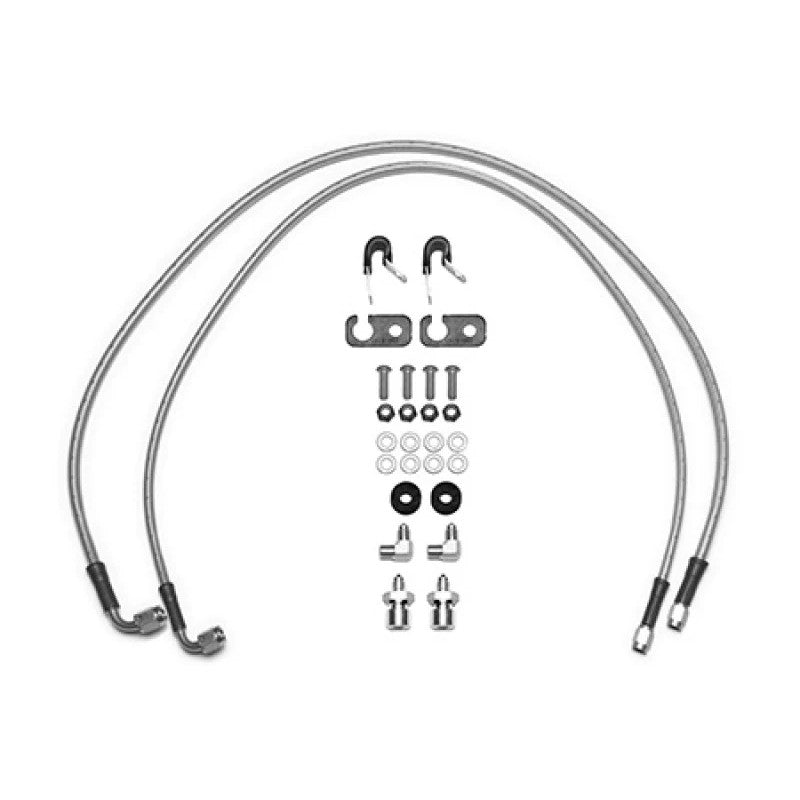 Wilwood 33-inch stainless steel braided Flexline brake hoses with straight and 90-degree fittings for Jeep Wrangler JL.
