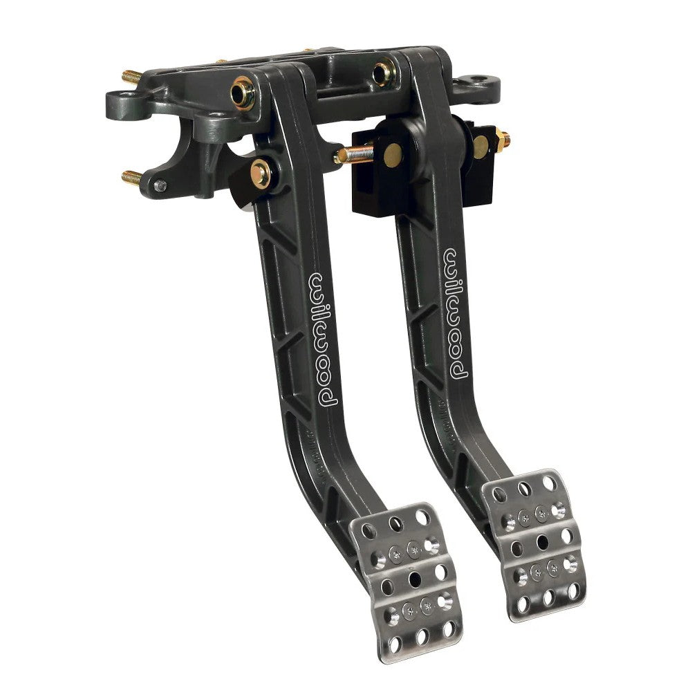 Wilwood forward swing mount dual brake and clutch pedal assembly with forged I-beam arms and adjustable waffled pads