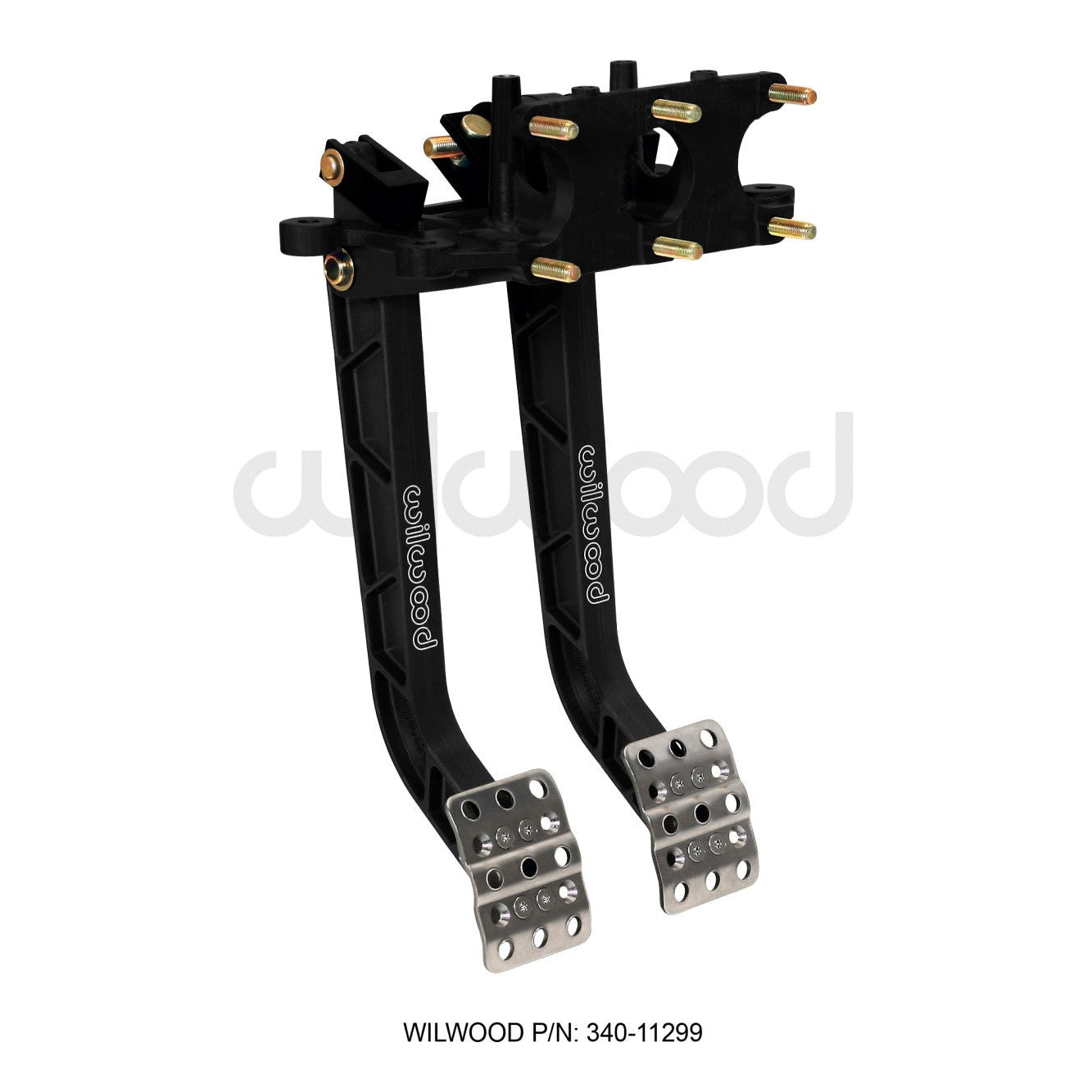 Wilwood reverse swing mount dual pedal assembly with forged I-beam arms and adjustable non-skid pedal pads.