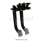 Wilwood reverse swing mount dual pedal assembly with forged I-beam arms and adjustable non-skid pedal pads.