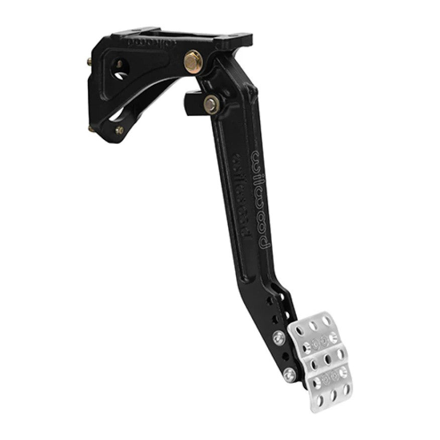 Wilwood swing mount adjustable single clutch pedal assembly with black finish and non-slip pedal pad.