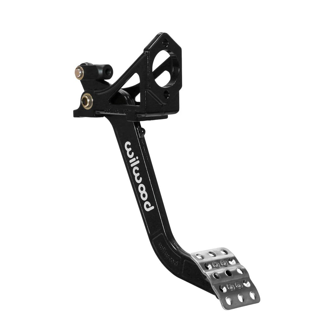 Wilwood forged aluminum single pedal assembly with 6:1 ratio and reverse mount frame for master cylinders.