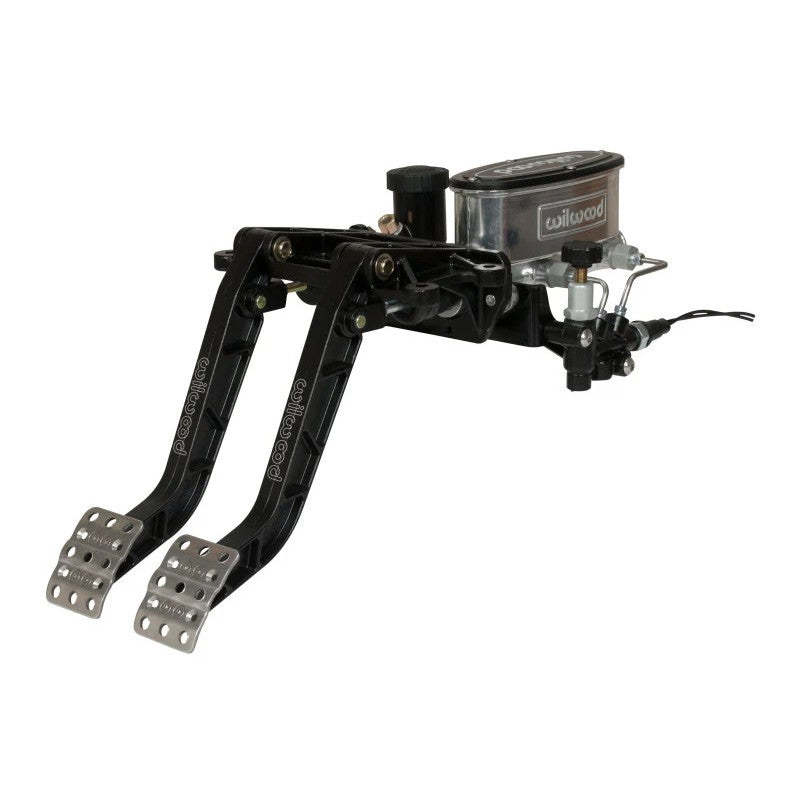 Wilwood forward swing mount dual brake and clutch pedal assembly with forged I-beam arms and black e-coat finish.