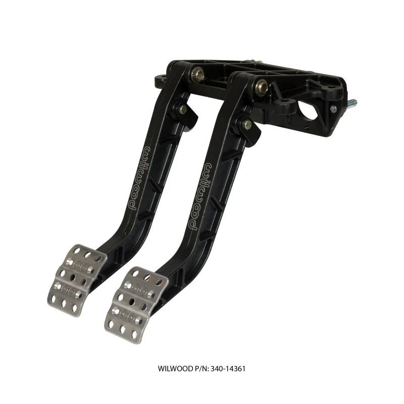 Wilwood 340-14361 black e-coated forward swing mount brake and clutch pedal assembly with forged I-beam arms.