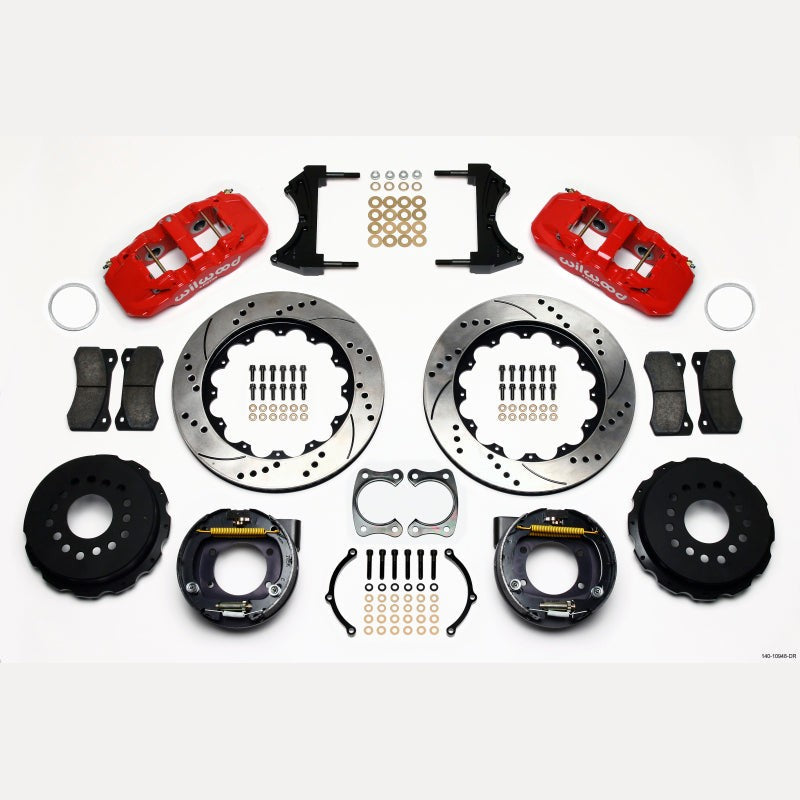 Red Wilwood AERO4 calipers and 14-inch drilled rotors for Big Ford New Style axle housings with 2.50-inch offset.