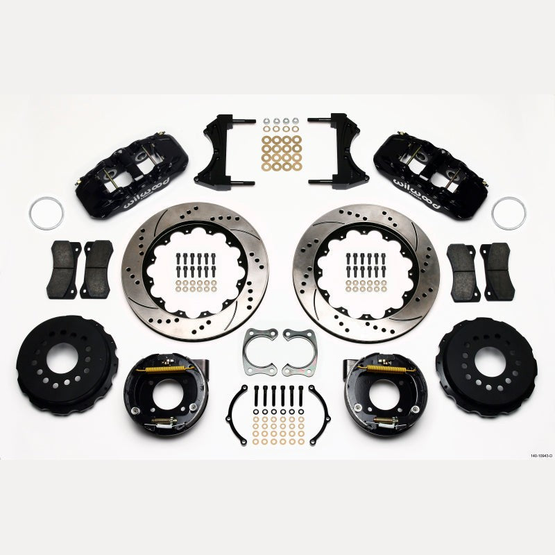 Wilwood AERO4 rear big brake kit featuring four-piston calipers and 14-inch drilled rotors for Chevy 12-bolt axles.