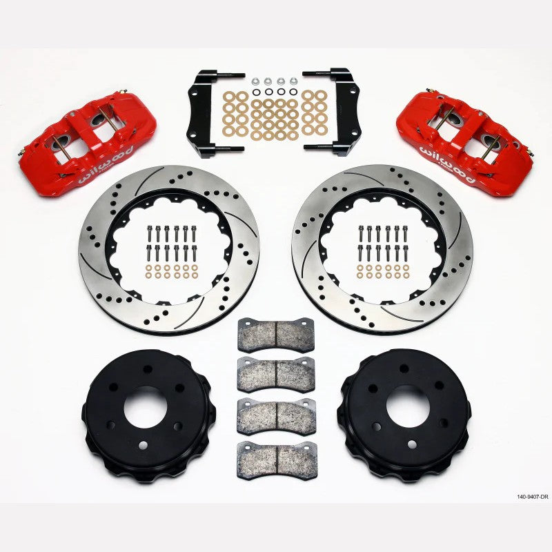 Wilwood AERO4 rear big brake kit featuring red four-piston calipers and 14.25-inch drilled and slotted rotors.