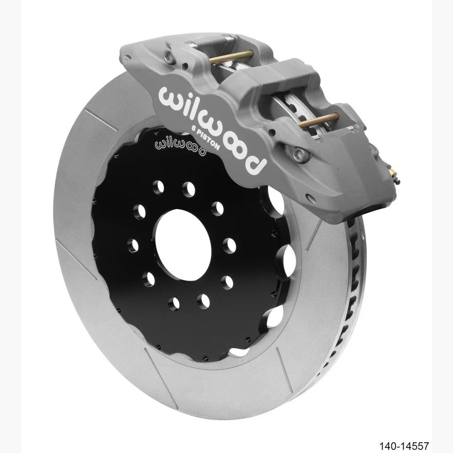 Wilwood AERO6 black anodized 6-piston calipers with 14-inch SV-GT directional vane two-piece rotors.