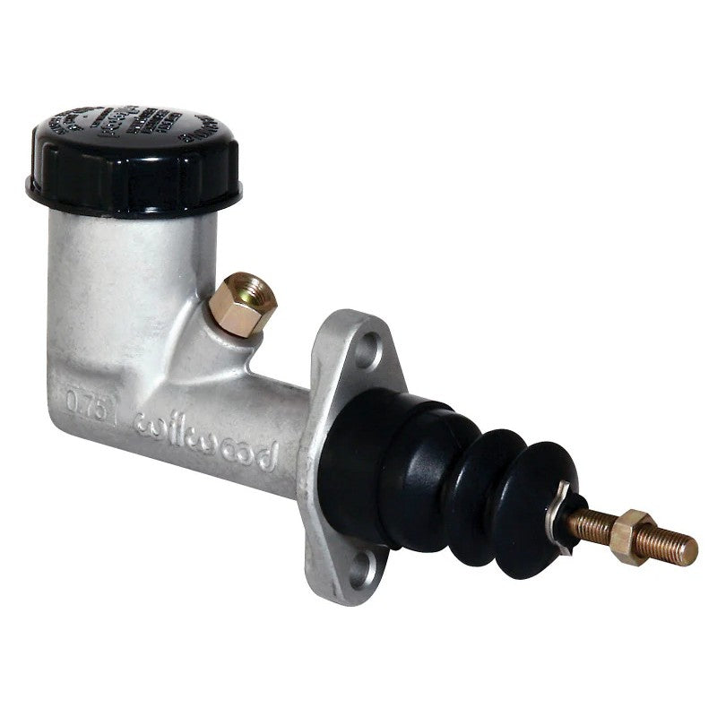 Wilwood compact aluminum master cylinder with 3/4 inch bore and black plastic screw-on reservoir cap.