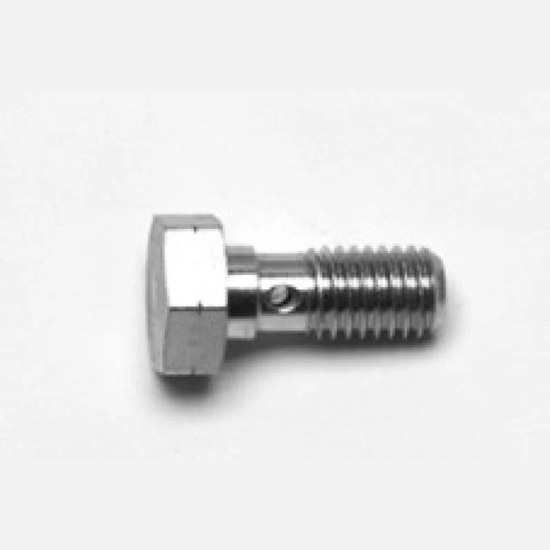 Plated alloy steel Wilwood banjo bolt with M10-1.50 threads and 23mm length.