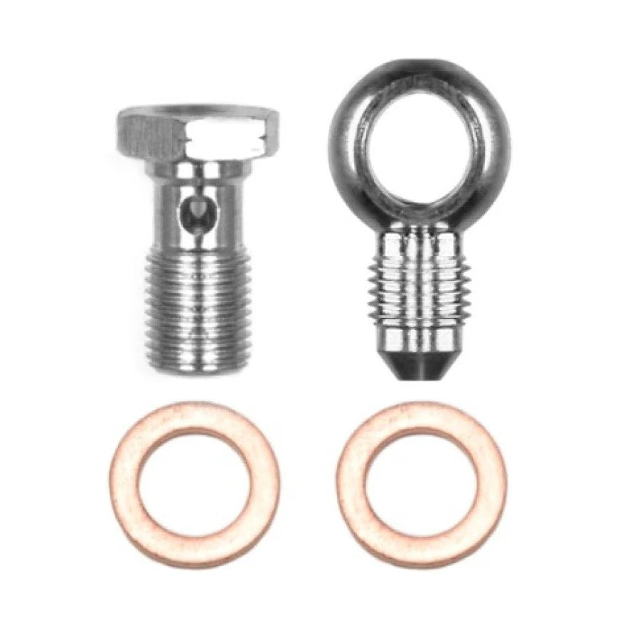 Wilwood 220-14431 banjo bolt with -3 AN male fitting and two copper crush washers