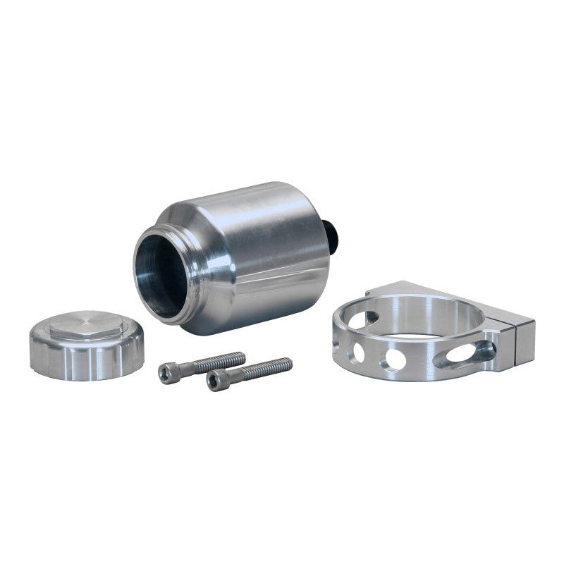 Billet aluminum 4 oz master cylinder fluid reservoir kit with mounting bracket and -3 AN fluid adapter.
