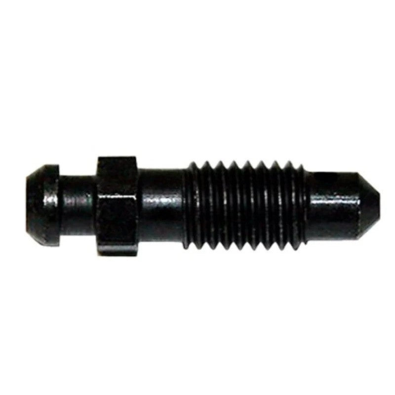 Wilwood 1/4-28 black oxide steel brake caliper bleeder screw with tapered seating tip and threaded body.