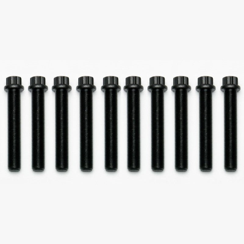 Ten black oxide coated high-strength alloy wheel studs with 12-point heads and 1/2-20 threads.