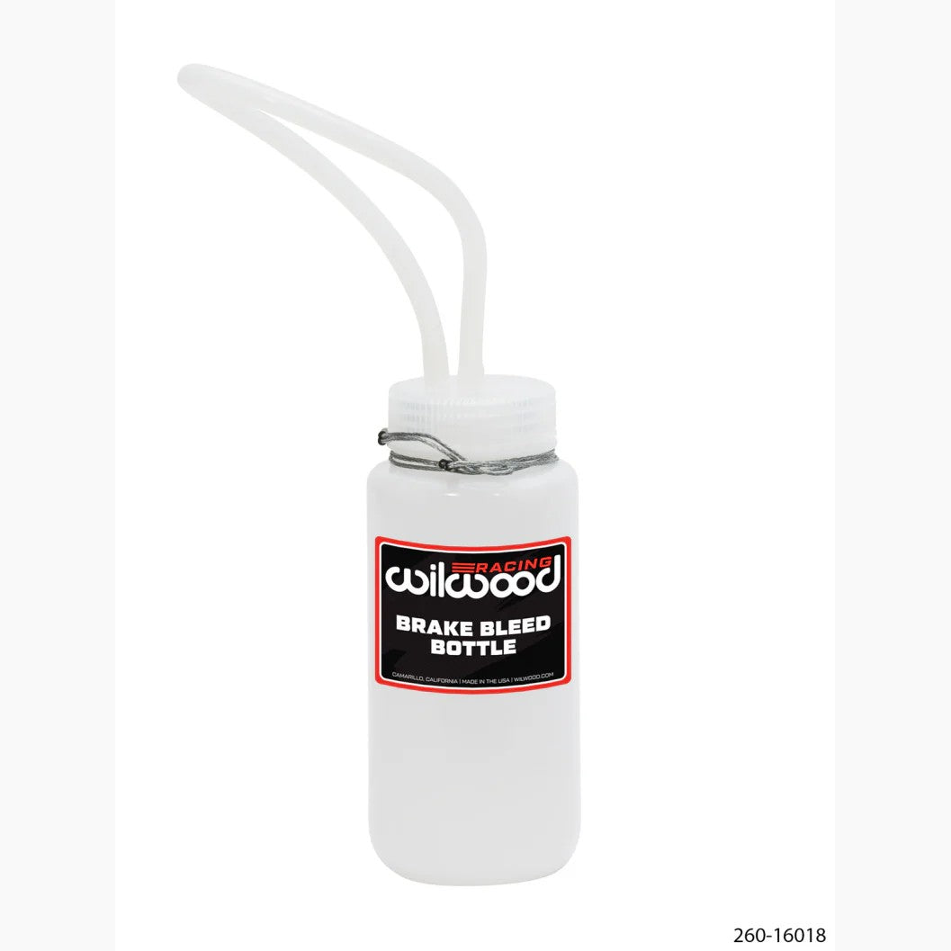 Wilwood brake bleed bottle with attached clear flexible tubing for hydraulic system maintenance.